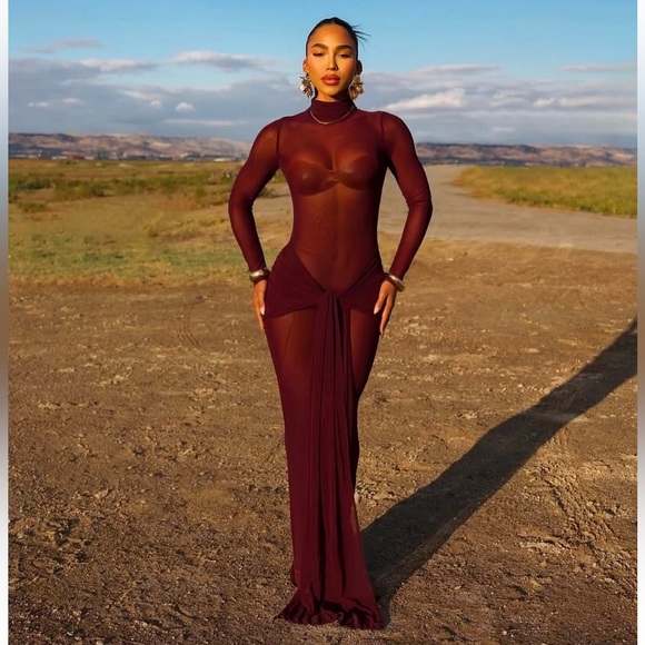 NEW Mock Neck Front Wrap sheer sexy burgundy Detail Maxi Party mesh Dress - Picture 5 of 8